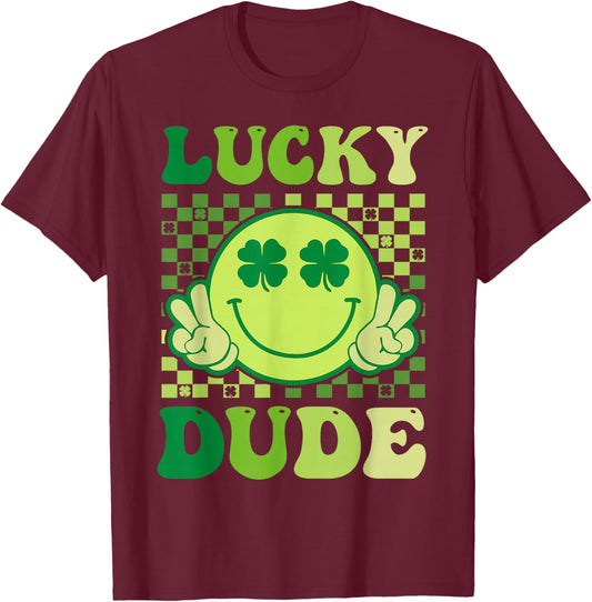 Lucky Dude Retro Groovy Smile Face Shamrock St Patricks Day T-Shirt - T-Shirt | Maroon
