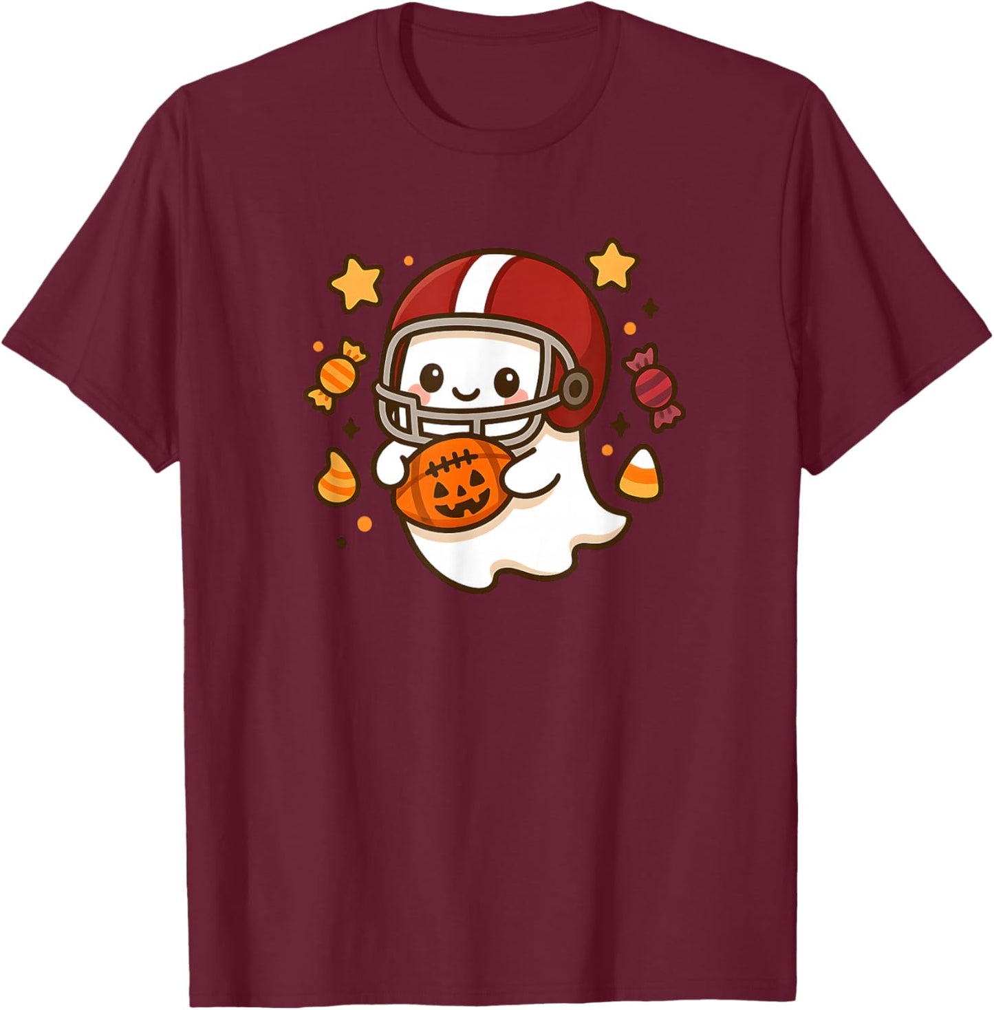 Cute Ghost Football Player Halloween Kawaii Pumpkin Kids T-Shirt - T-Shirt | Maroon