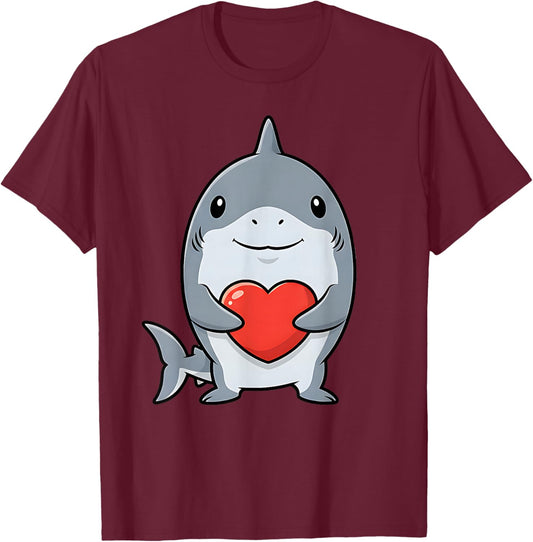 Valentines Day Cute Shark Holding Heart Animal Kids T-Shirt - T-Shirt | Maroon