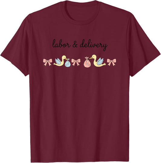 Nurse Labor & Delivery Nurse Storks & Bows T-Shirt - T-Shirt | Maroon