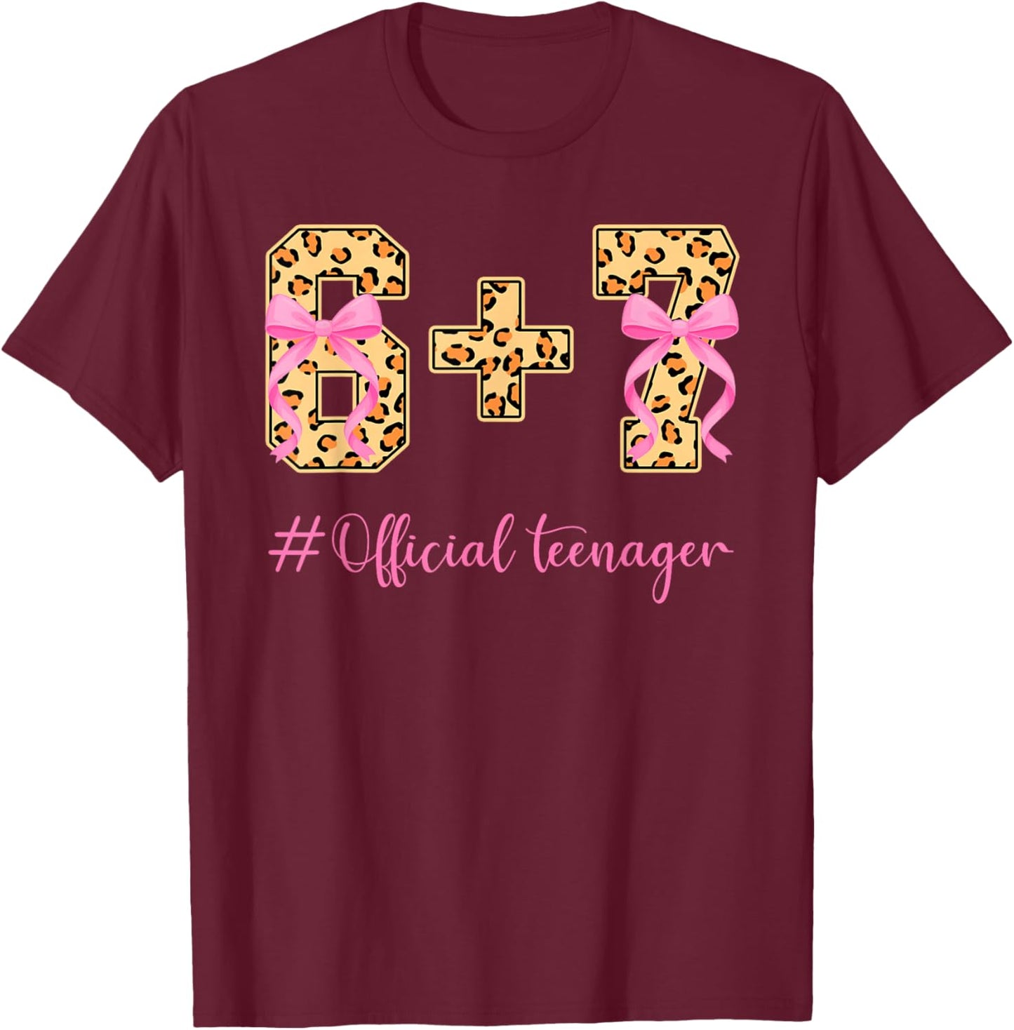 13th Birthday Girl Pink Coquette Bow Leopard 6+7 Year Old T-Shirt - T-Shirt | Maroon