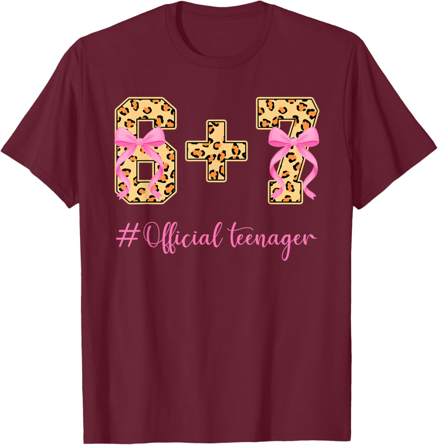 13th Birthday Girl Pink Coquette Bow Leopard 6+7 Year Old T-Shirt - T-Shirt | Maroon