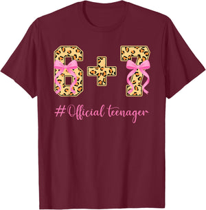 13th Birthday Girl Pink Coquette Bow Leopard 6+7 Year Old T-Shirt - T-Shirt | Maroon