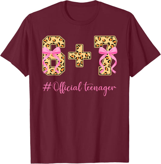 13th Birthday Girl Pink Coquette Bow Leopard 6+7 Year Old T-Shirt - T-Shirt | Maroon