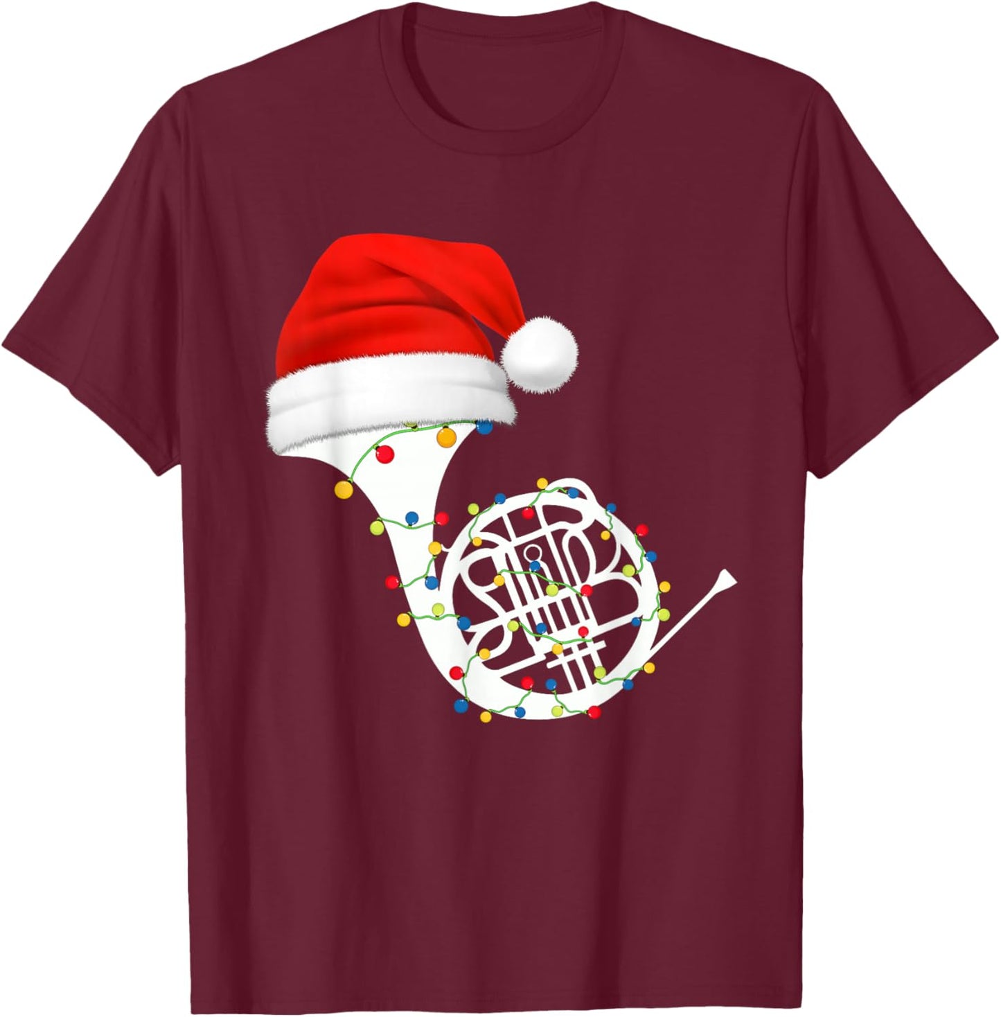 French Horn Christmas Santa Hat Lights Music Lover Xmas T-Shirt - T-Shirt | Maroon