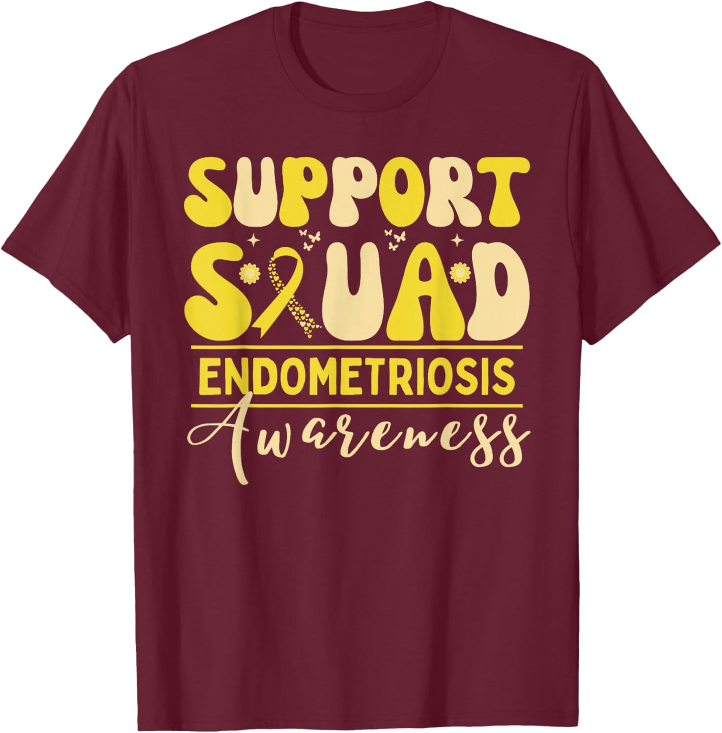 Support Squad Endometriosis Awareness Heart Yellow Ribbon T-Shirt - T-Shirt | Maroon