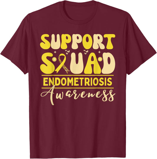 Support Squad Endometriosis Awareness Heart Yellow Ribbon T-Shirt - T-Shirt | Maroon
