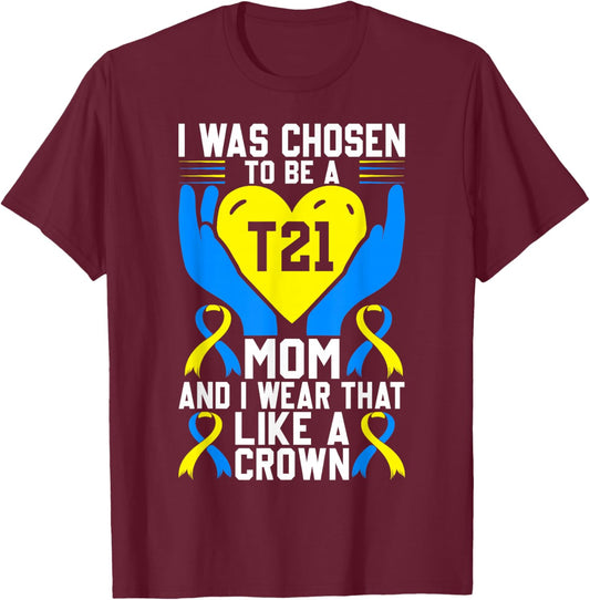 Down Syndrome Mom T21 Awareness Blue and Yellow Ribbon T-Shirt - T-Shirt | Maroon