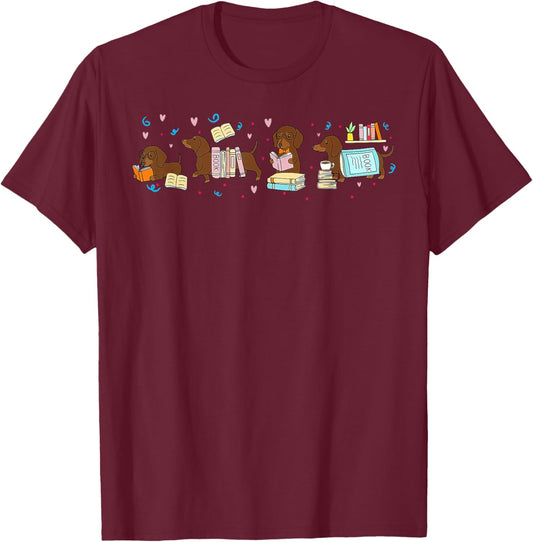 Cute Dachshund Book Reading Wiener Dog Bookish Librarian T-Shirt - T-Shirt | Maroon
