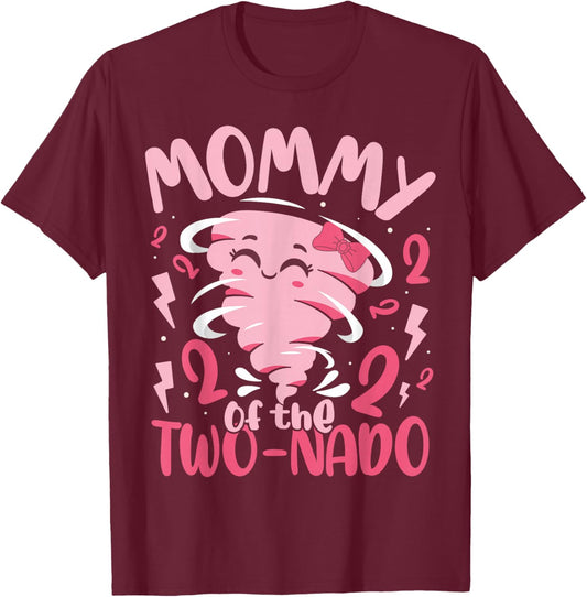 Mommy of The Two-nado Tornado Theme 2nd Birthday Party Kids T-Shirt - T-Shirt | Maroon
