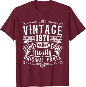 Born in 1971 Birthday, Vintage Mostly Original Parts Funny T-Shirt - T-Shirt | Maroon