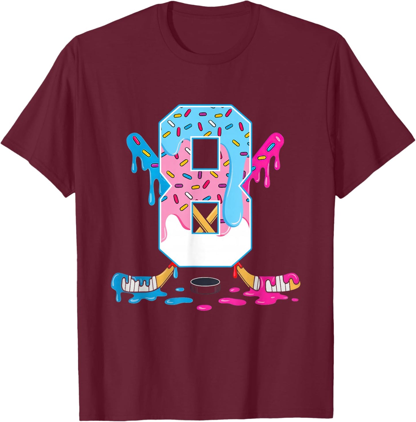 Hockey 8 Years Old Ice Cream Drip 8th Birthday Kids Gift T-Shirt - T-Shirt | Maroon
