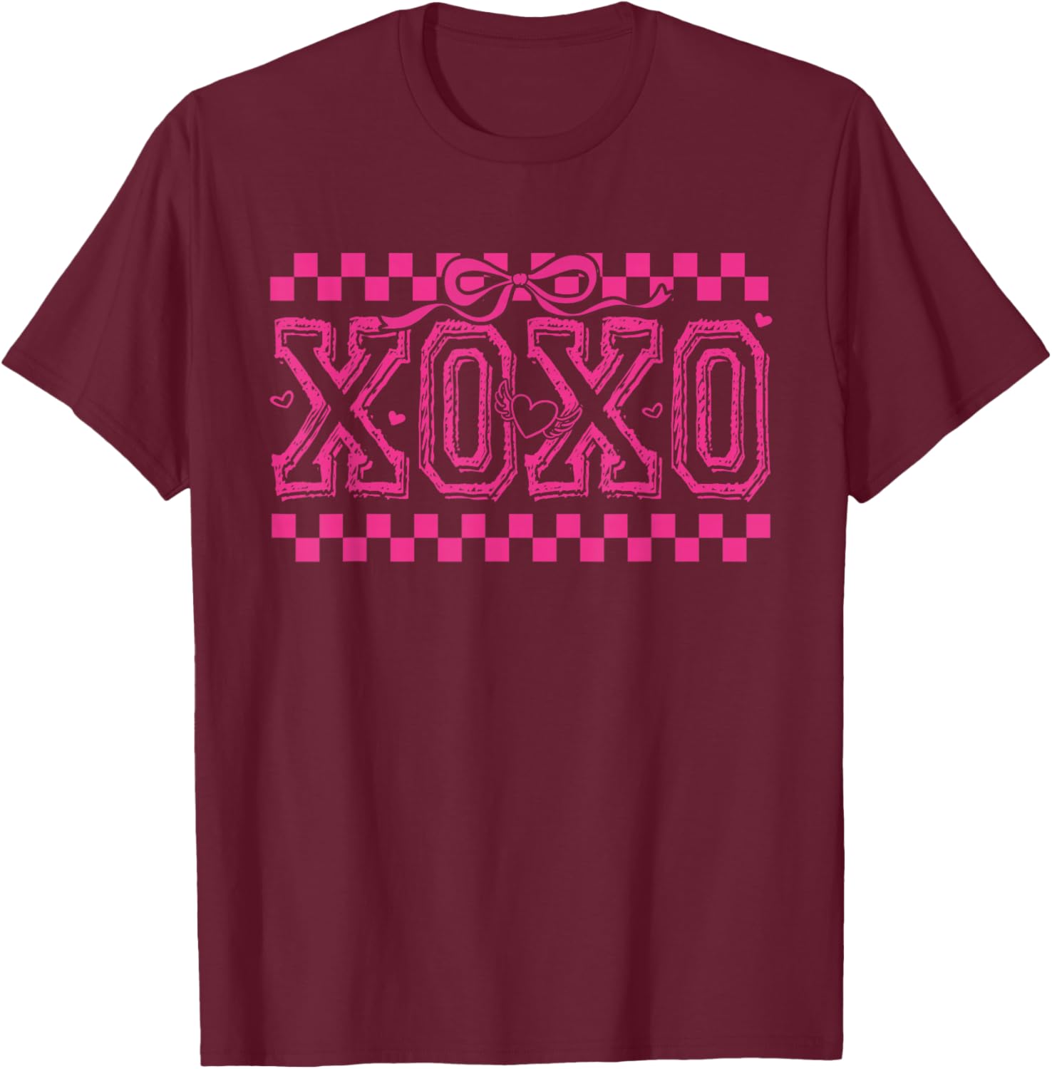 Retro XOXO Valentine Checker Coquette Bow Girl Women Kid T-Shirt - T-Shirt | Maroon