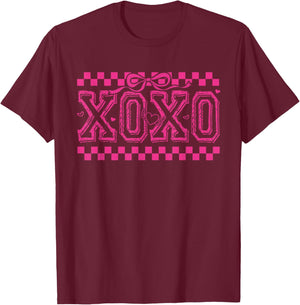 Retro XOXO Valentine Checker Coquette Bow Girl Women Kid T-Shirt - T-Shirt | Maroon