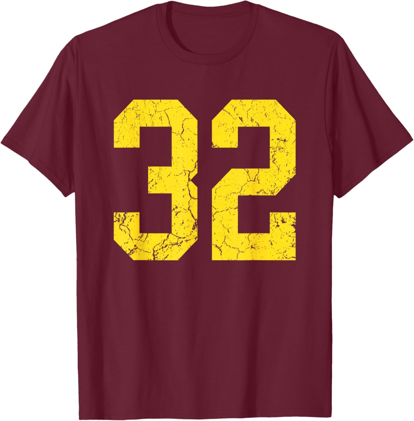 Distressed Bright Gold Number 32 Jersey Player Uniform #32 T-Shirt - T-Shirt | Maroon