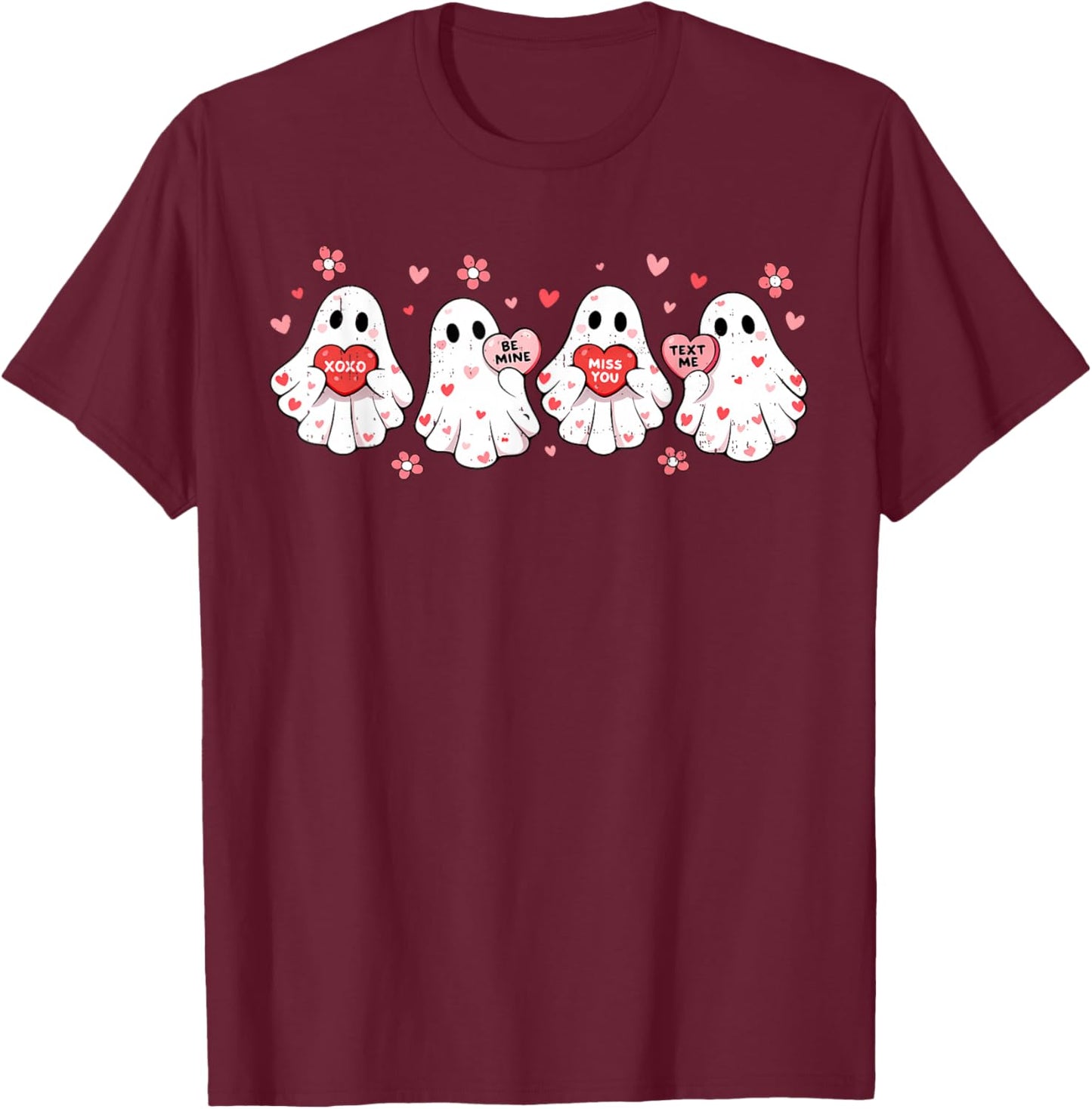 Cute Ghost Love Hearts Valentines Day Teens Girls T-Shirt - T-Shirt | Maroon