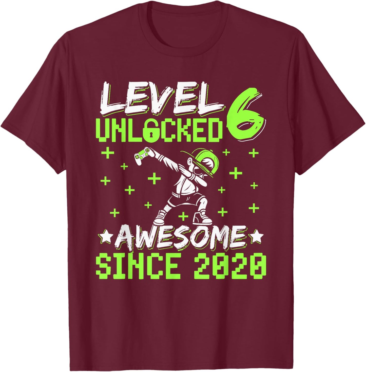 Level 6 Unlocked Awesome Since 2020 6th Birthday Gamer Boy T-Shirt - T-Shirt | Maroon