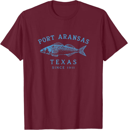 Port Aransas Texas Retro Fishing Graphic T-Shirt - T-Shirt | Maroon