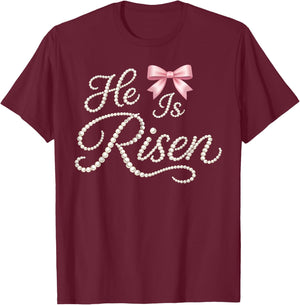Happy Easter He is Risen Pearl Christian Women Girl Bow T-Shirt - T-Shirt | Maroon