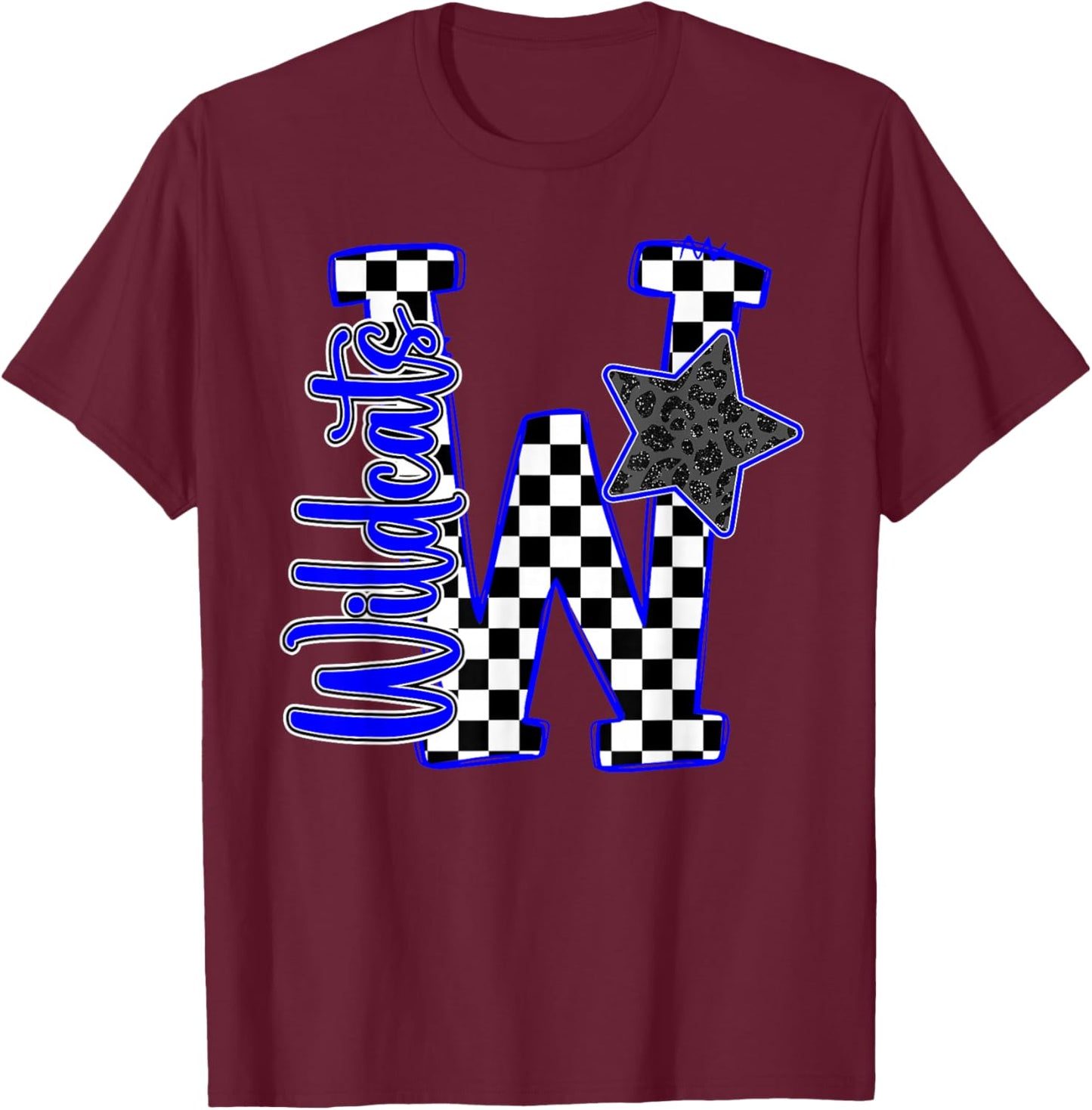 Blue Wildcats Checkered Print Star Leopard School Spirit T-Shirt - T-Shirt | Maroon