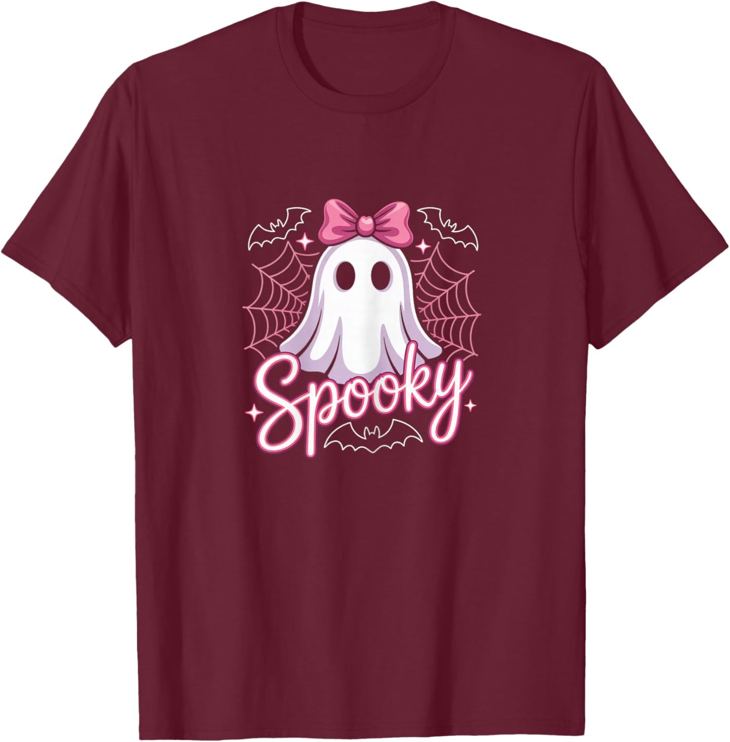 Spooky Ghost with Pink Bow T-Shirt - T-Shirt | Maroon