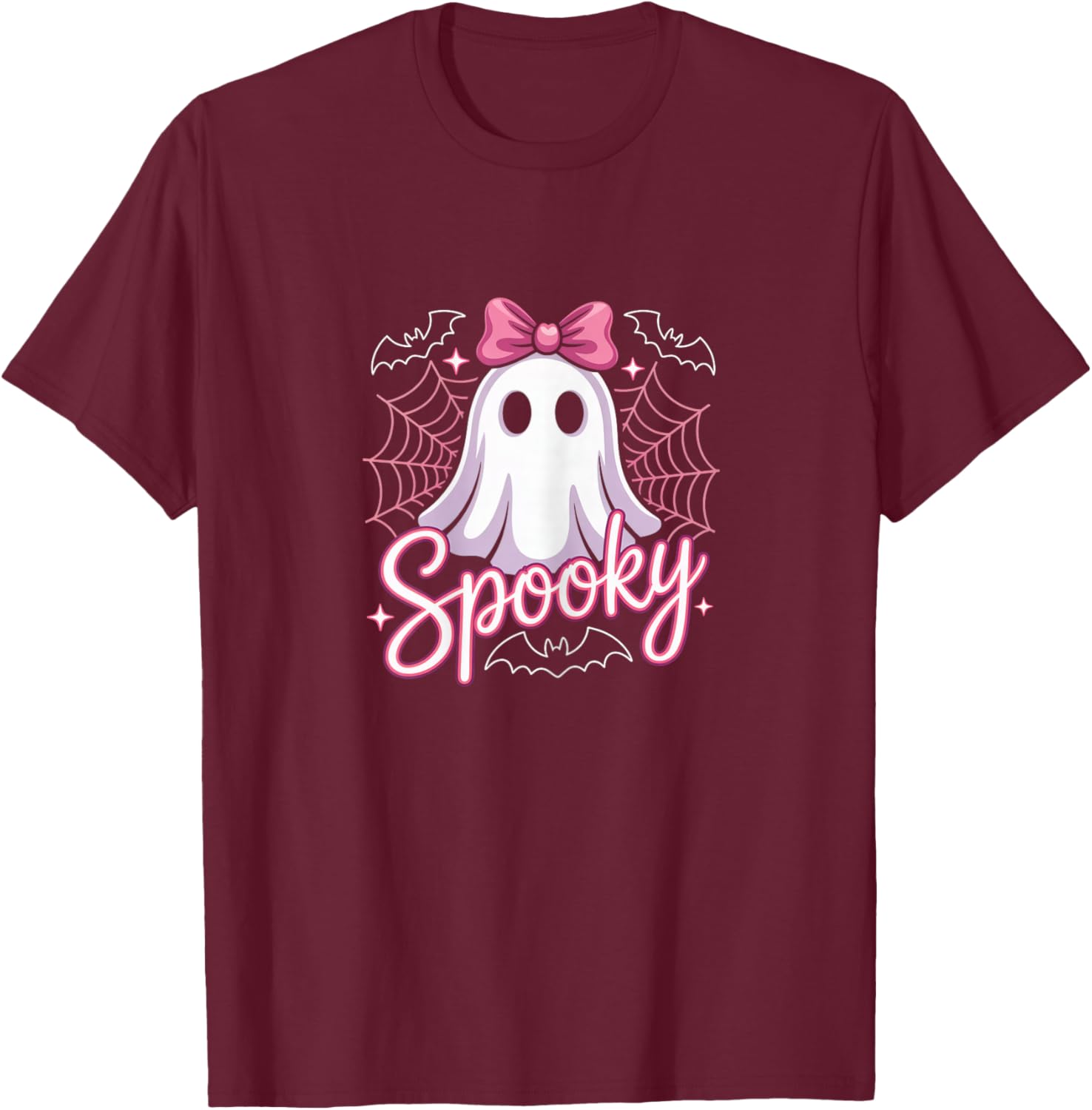 Spooky Ghost with Pink Bow T-Shirt - T-Shirt | Maroon