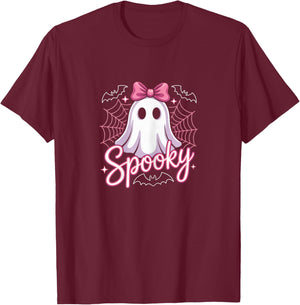 Spooky Ghost with Pink Bow T-Shirt - T-Shirt | Maroon