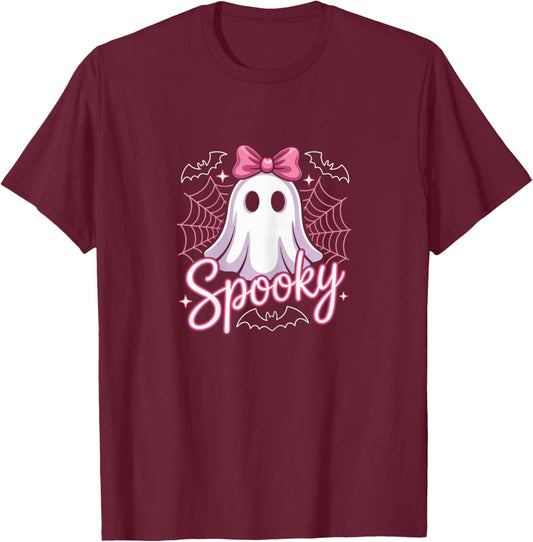 Spooky Ghost with Pink Bow T-Shirt - T-Shirt | Maroon
