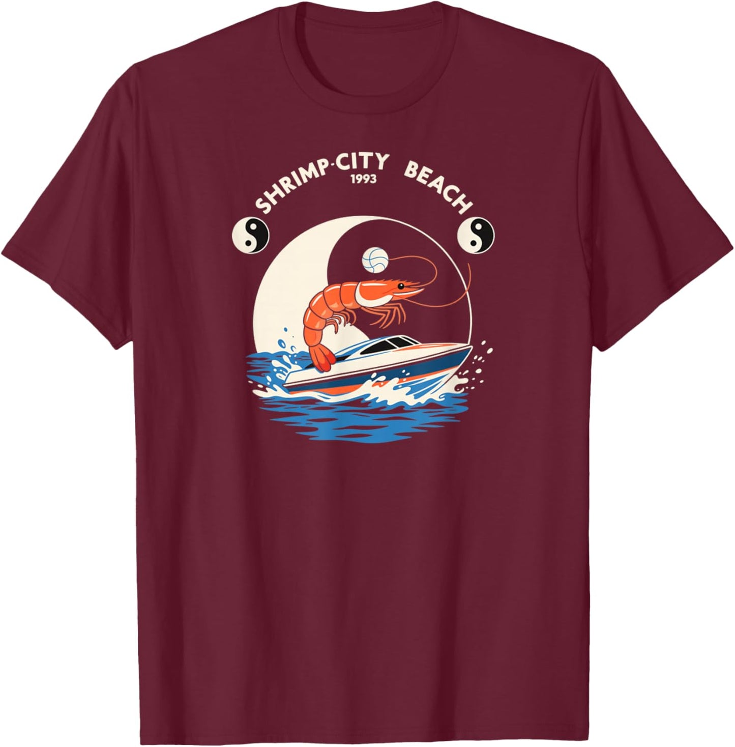 Vintage Shrimp City Beach 1993 Music Rock Shrimp Surfing T-Shirt - T-Shirt | Maroon