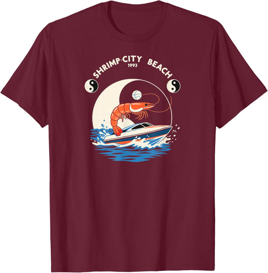 Vintage Shrimp City Beach 1993 Music Rock Shrimp Surfing T-Shirt - T-Shirt | Maroon