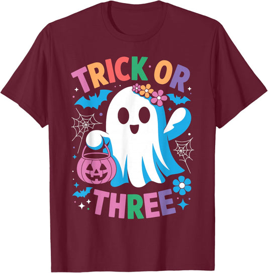 Trick or Three Cute Ghost Groovy 3rd Birthday Girls Kids T-Shirt - T-Shirt | Maroon