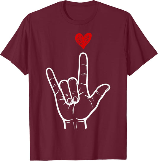 Valentines Day I Love You Hand Sign ASL Heart Women Men Kids T-Shirt - T-Shirt | Maroon