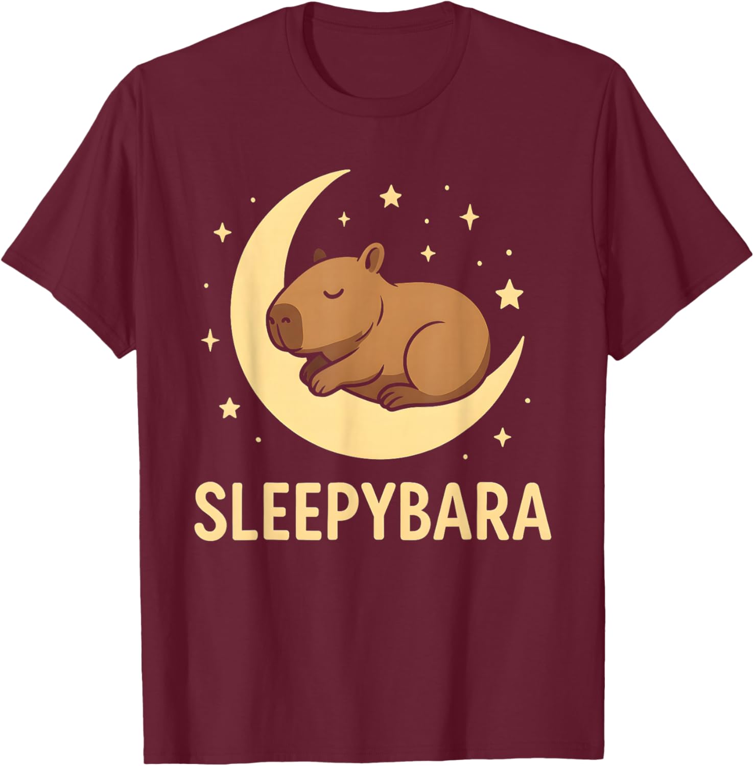 Cute Sleepybara Funny Capybara Sleeping on Moon Graphic T-Shirt - T-Shirt | Maroon
