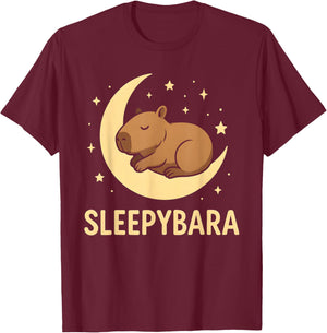 Cute Sleepybara Funny Capybara Sleeping on Moon Graphic T-Shirt - T-Shirt | Maroon