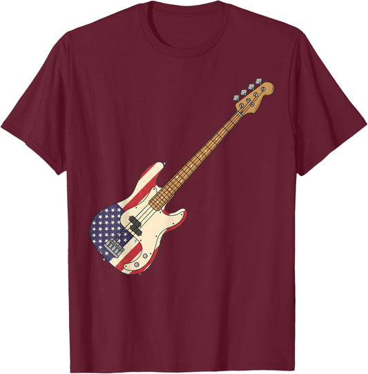Vintage Bass Guitar Player Patriotic American Flag T-Shirt - T-Shirt | Maroon