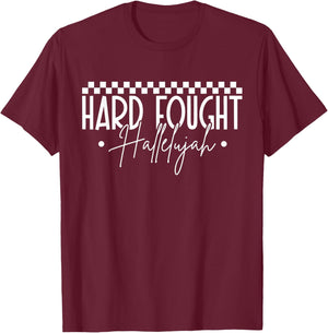 Hard Fought Hallelujah Faith Quote Checkered Praise T-Shirt - T-Shirt | Maroon
