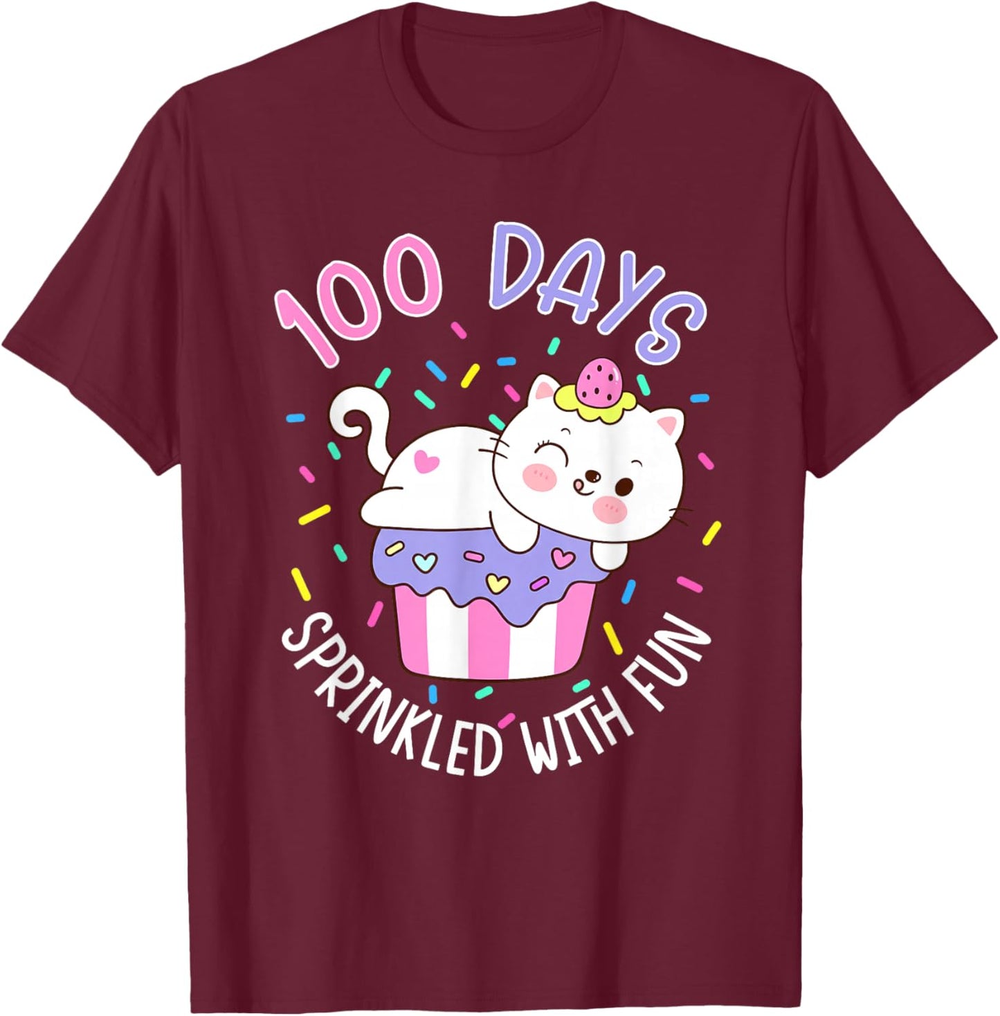 100 Days Sprinkled with Fun Cupcake 100th Day of School Kids T-Shirt - T-Shirt | Maroon