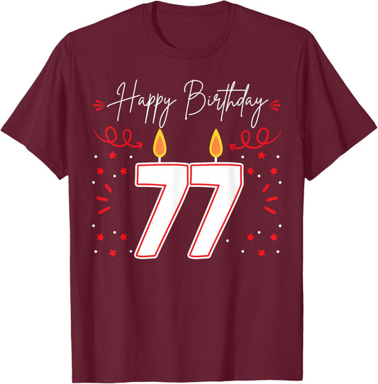 Candle 77 Birthday Party Decoration Wishes Candlelight Cake T-Shirt - T-Shirt | Maroon