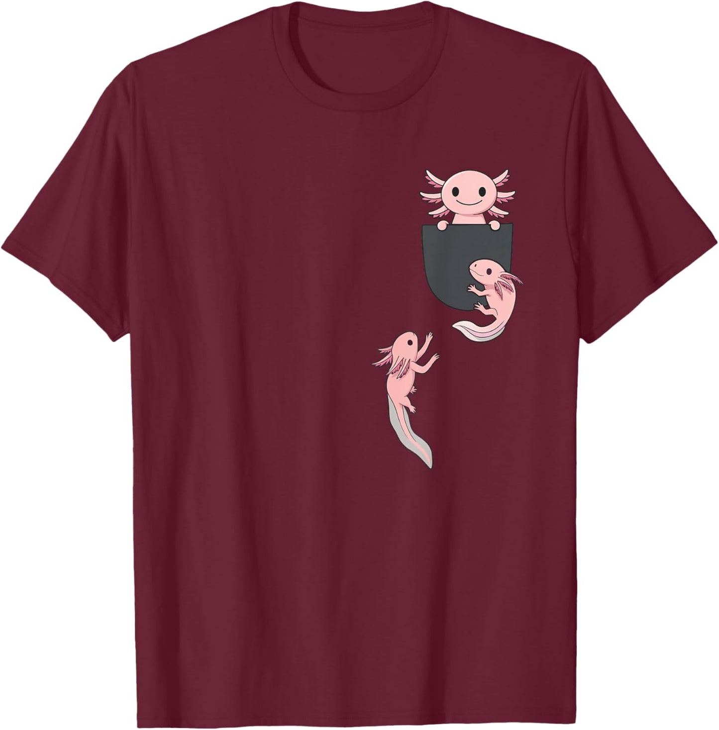 Cute Little Axolotl Playing Climbing in Pocket Men Women Kid T-Shirt - T-Shirt | Maroon
