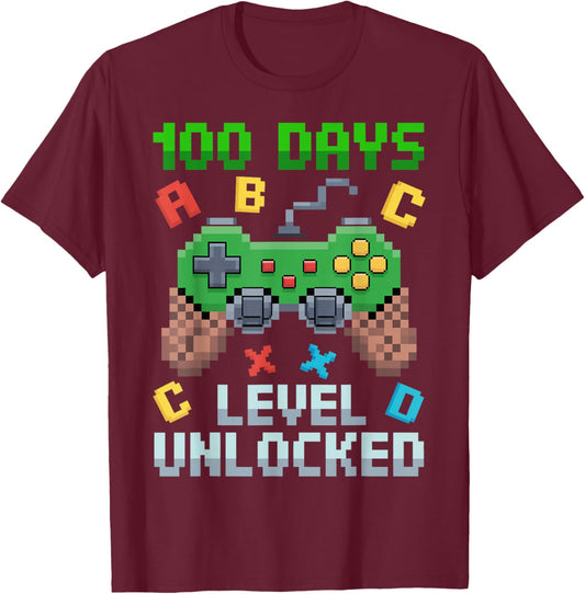 100 Days Level Unlocked Gaming 100th Days of School Boys T-Shirt - T-Shirt | Maroon