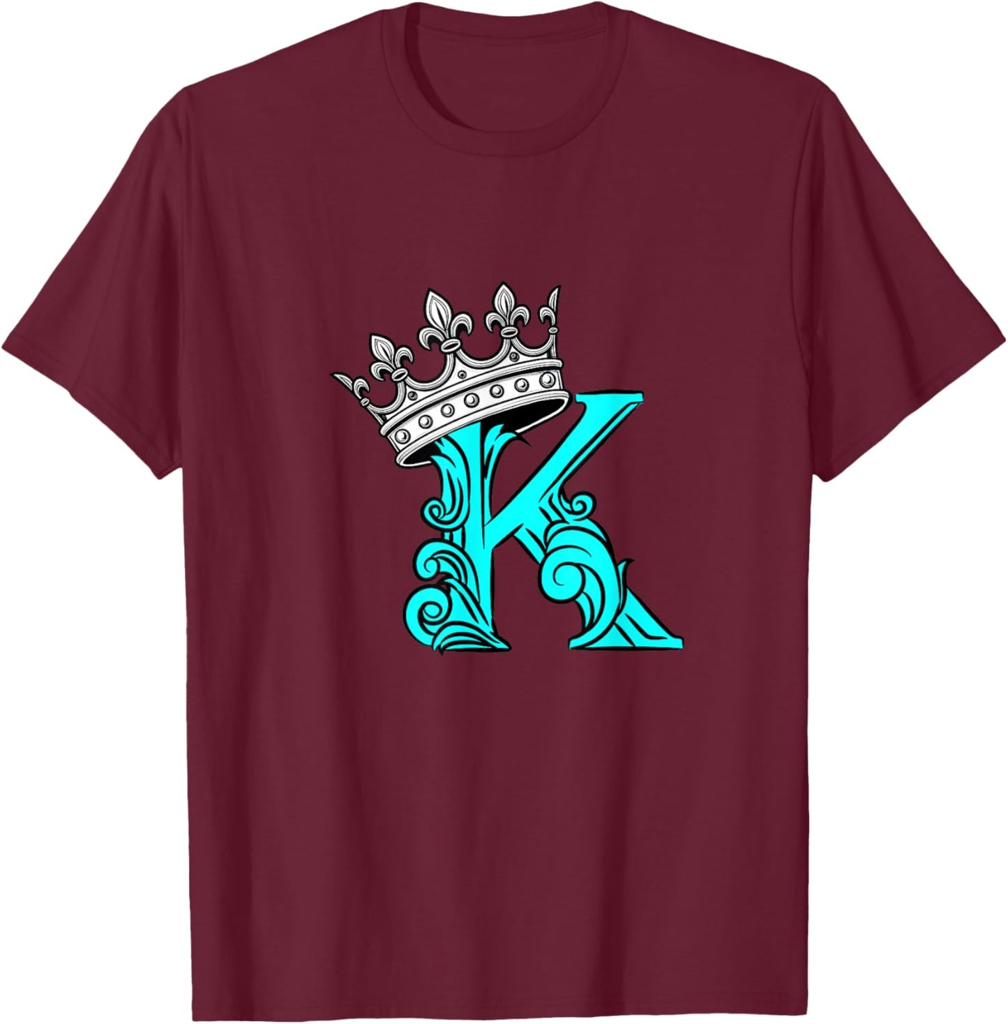 Turquoise Color Letter K Initial + Crown Turquoise Graphic T-Shirt - T-Shirt | Maroon