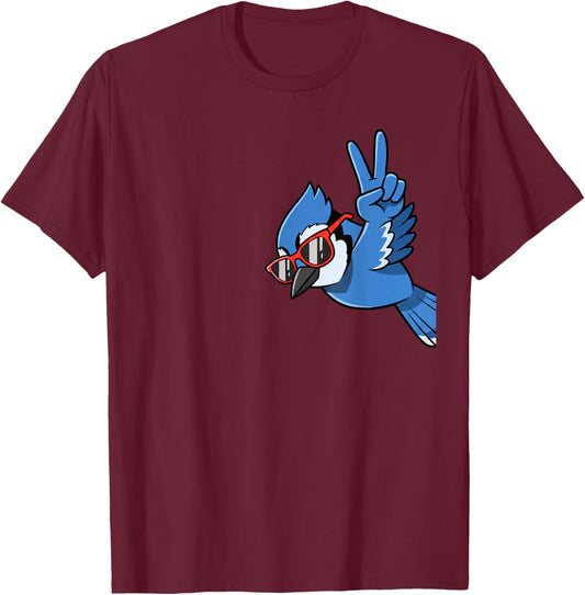 Bird, My Cool Blue Jay with Sunglasses & Peace Sign T-Shirt - T-Shirt | Maroon