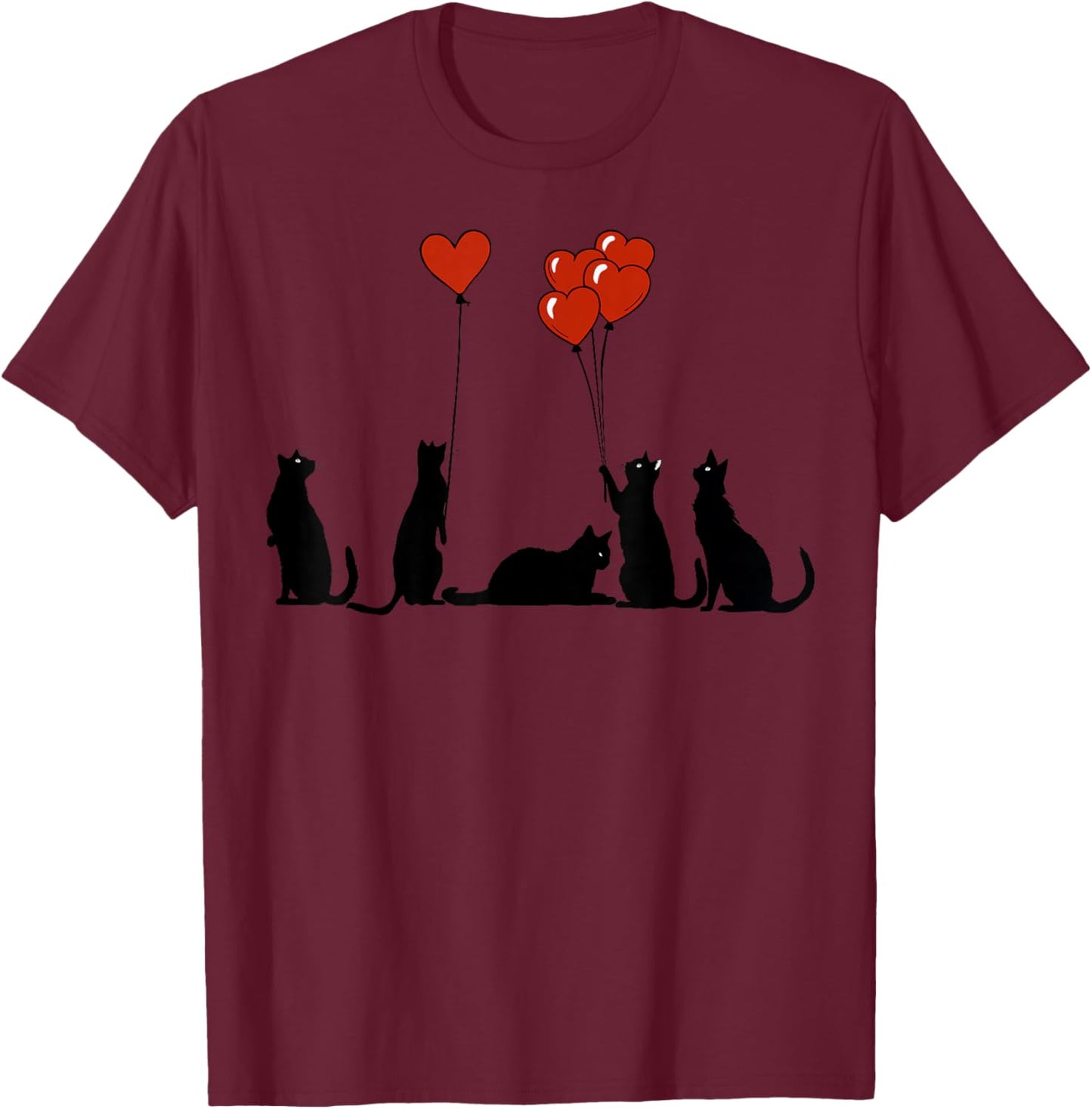 Funny Curious Black Cat Hearts Balloons Valentine's Lazy Cat T-Shirt - T-Shirt | Maroon