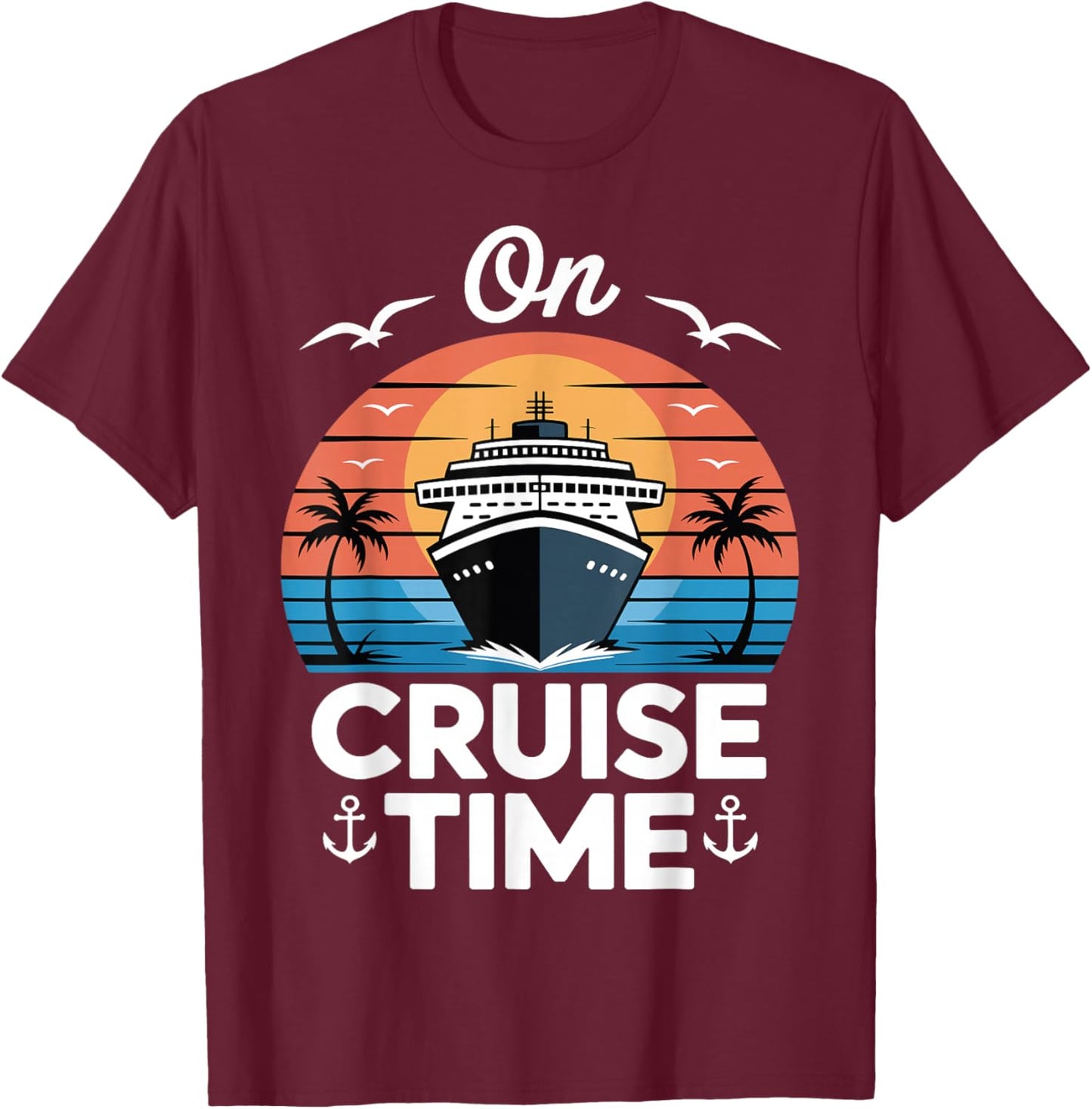 Retro Ocean Cruise Time Summer Travel Boat Sunset Beach Trip T-Shirt - T-Shirt | Maroon