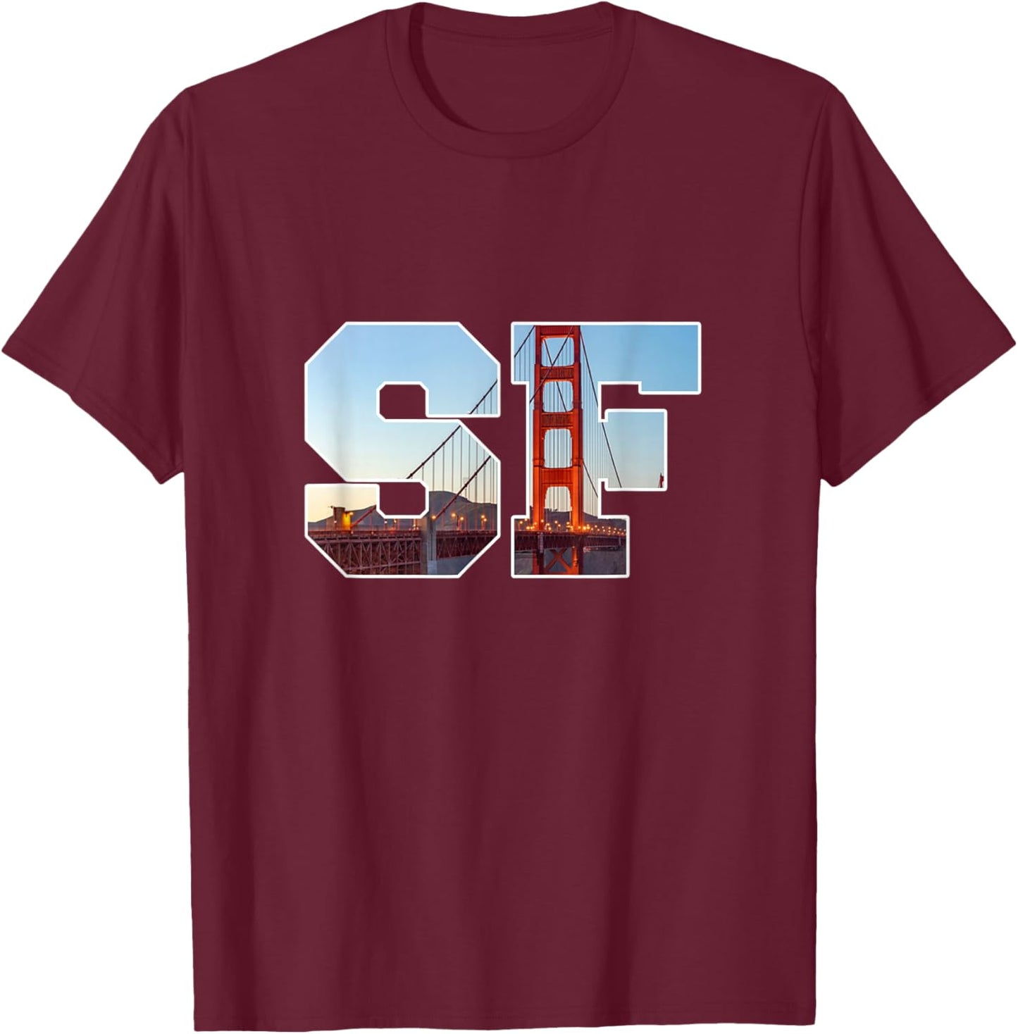 Iconic Golden Gate Bridge in Bold SF Letters San Francisco T-Shirt - T-Shirt | Maroon