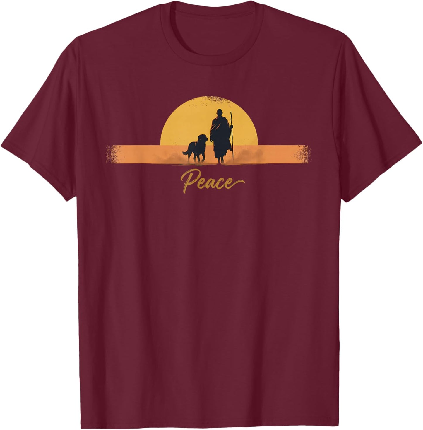 Peace Minimalist Zen Art Walk for Peace Monks with Aloka Dog T-Shirt - T-Shirt | Maroon