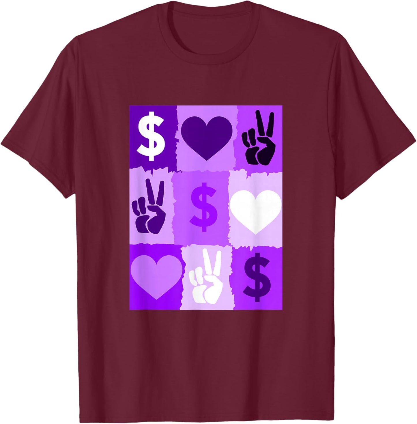 Purple Color Peace Love Money Grid Purple Graphic T-Shirt - T-Shirt | Maroon