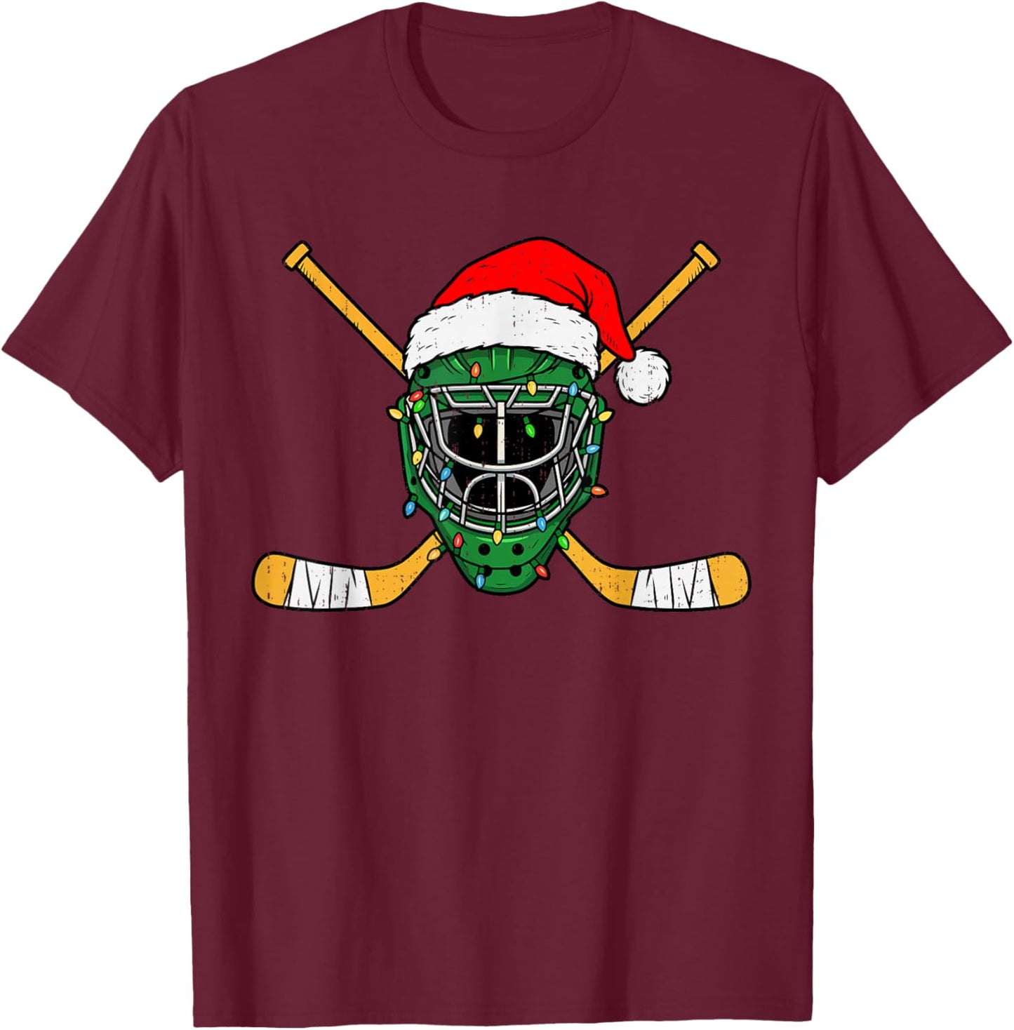 Christmas Hockey Helmet Lights Santa Xmas Men Teen Boys Kids T-Shirt - T-Shirt | Maroon