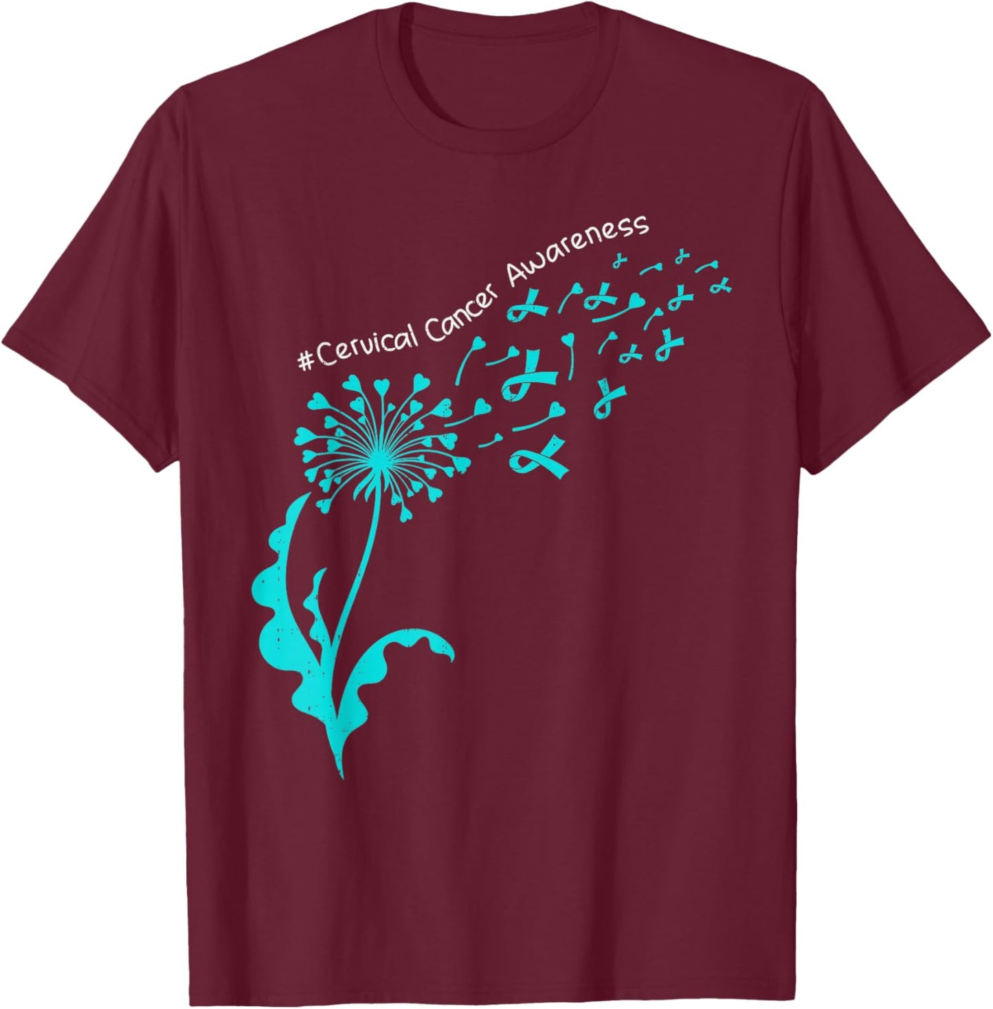 Dandelion Cervical Cancer Awareness Ribbon Teal Support T-Shirt - T-Shirt | Maroon