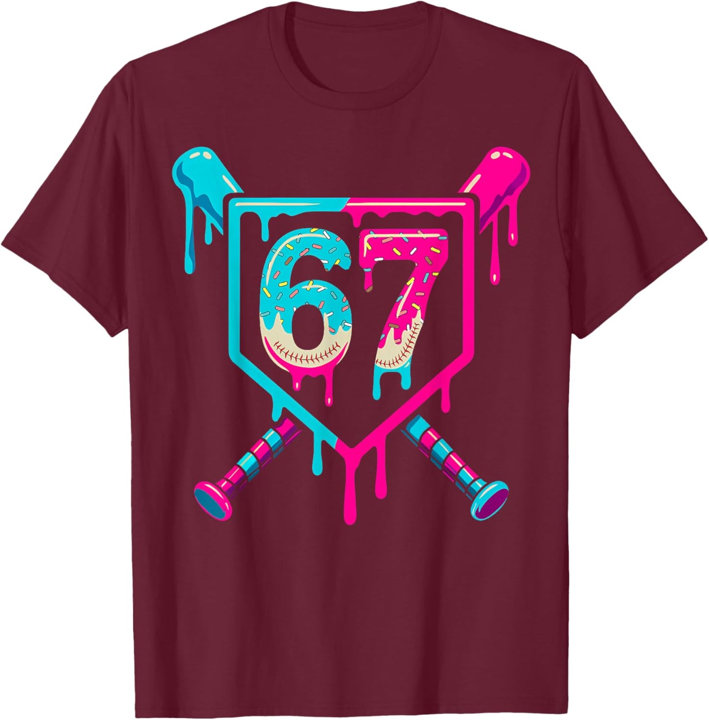 Retro Baseball Ice Cream Drip Number 67 Player 67th Birthday T-Shirt - T-Shirt | Maroon